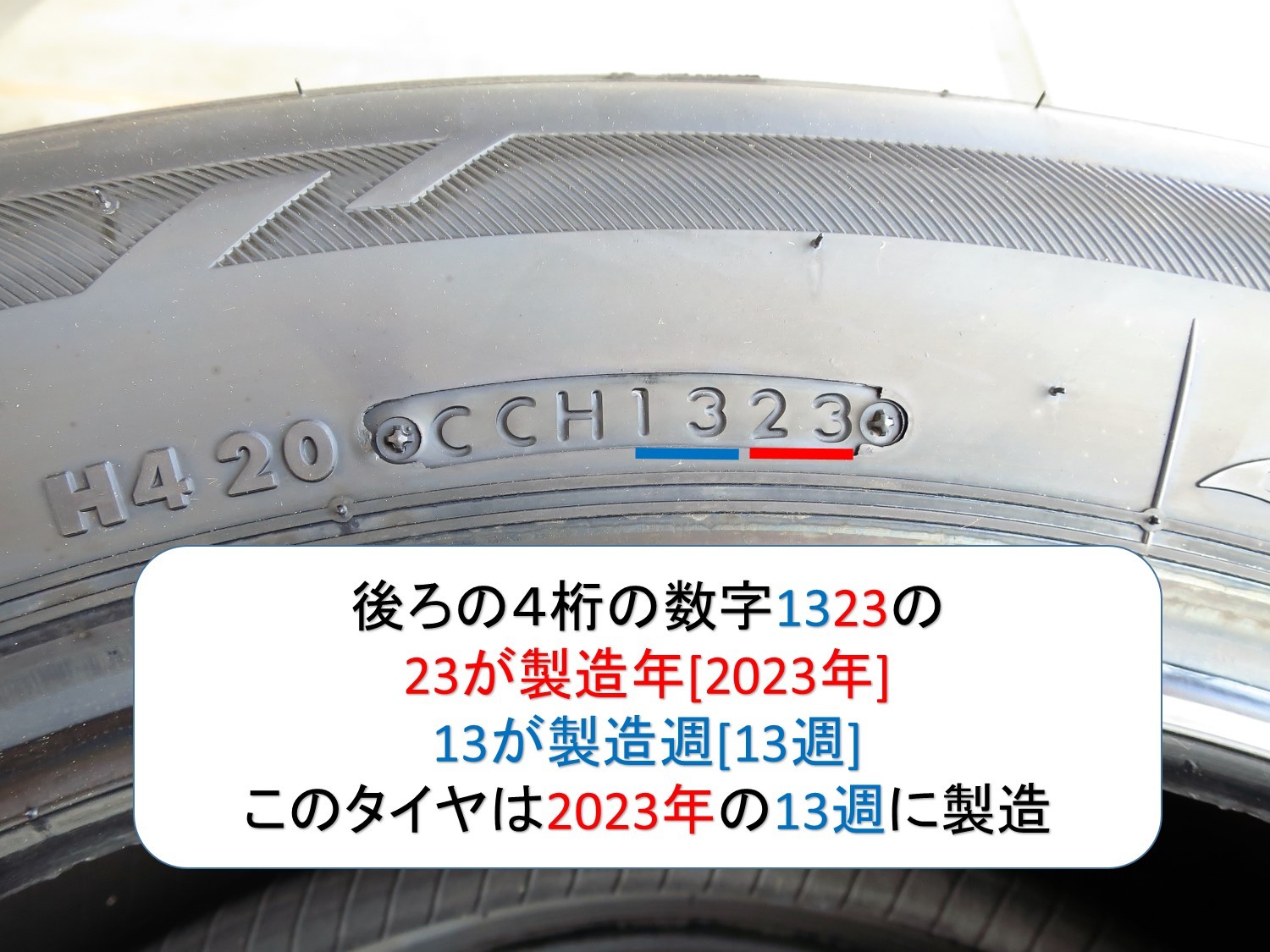 タイヤの製造年を確認する方法 タイヤ タイヤ・ホイール関連 > タイヤ交換（空気圧・偏摩耗・外傷・残溝） スタッフ日記 ミスター