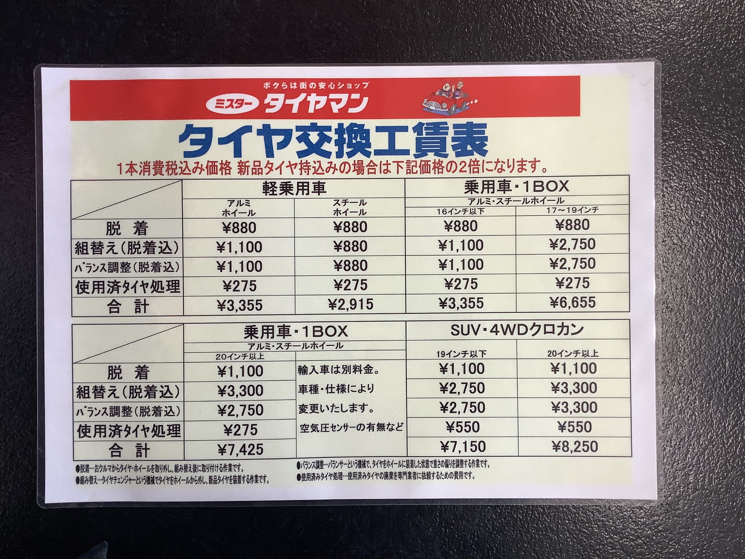 当店でのタイヤ交換工賃表 | 技術・サービス | ミスタータイヤマン